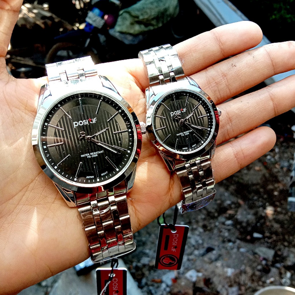 Jam Tangan Wanita Pria Couple POSITIF 2358 Rantai Silver Hitam ORIGINAL Water Resistance FREE BOX
