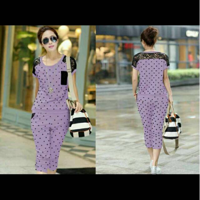 Stelan polka brukat ungu muda