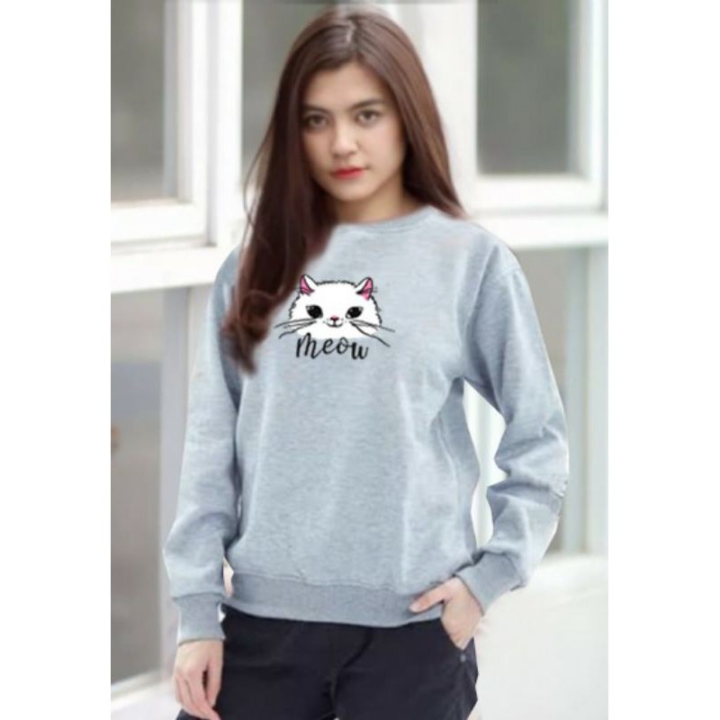 Kaos Lengan Panjang kepala MEOW / Kaos Sweatshirt / Atasan Wanita / Atasan Wanita Lengan Panjang