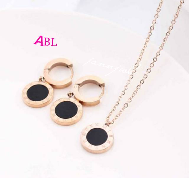 Kalung set titanium asli anti karat rosegold/gold dpt 3 mcm