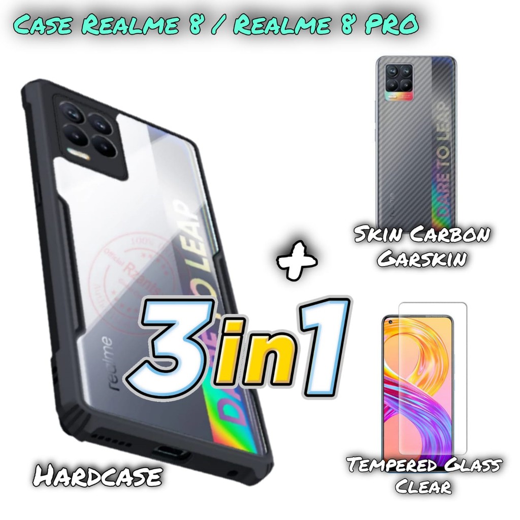 Paket 3in1 Case REALME 8 / REALME 8 PRO (4G) Hard Case Dan Tempered Glass Clear FREE Skin Carbon