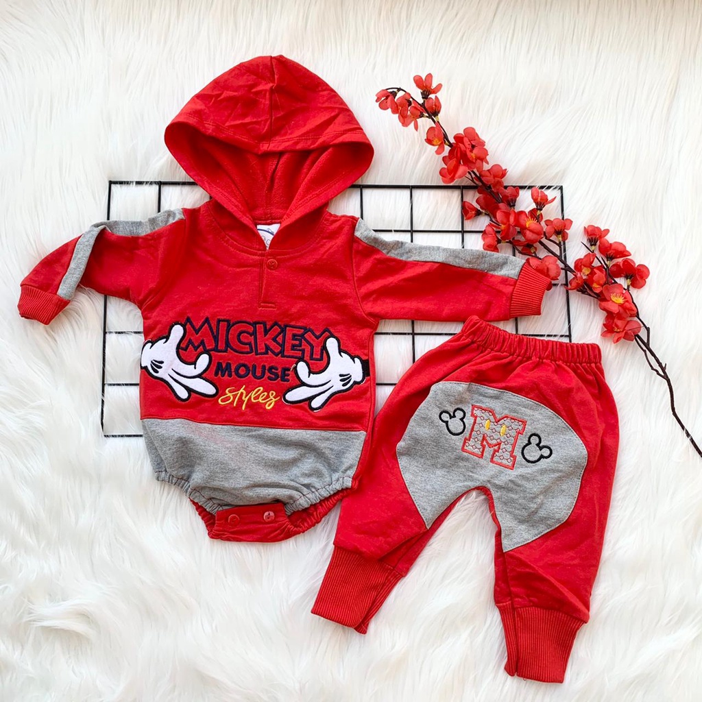 Setelan baju jumper hoodie &amp; celana motif mickey bestseller fashion anak bayi cowok laki murah -mic