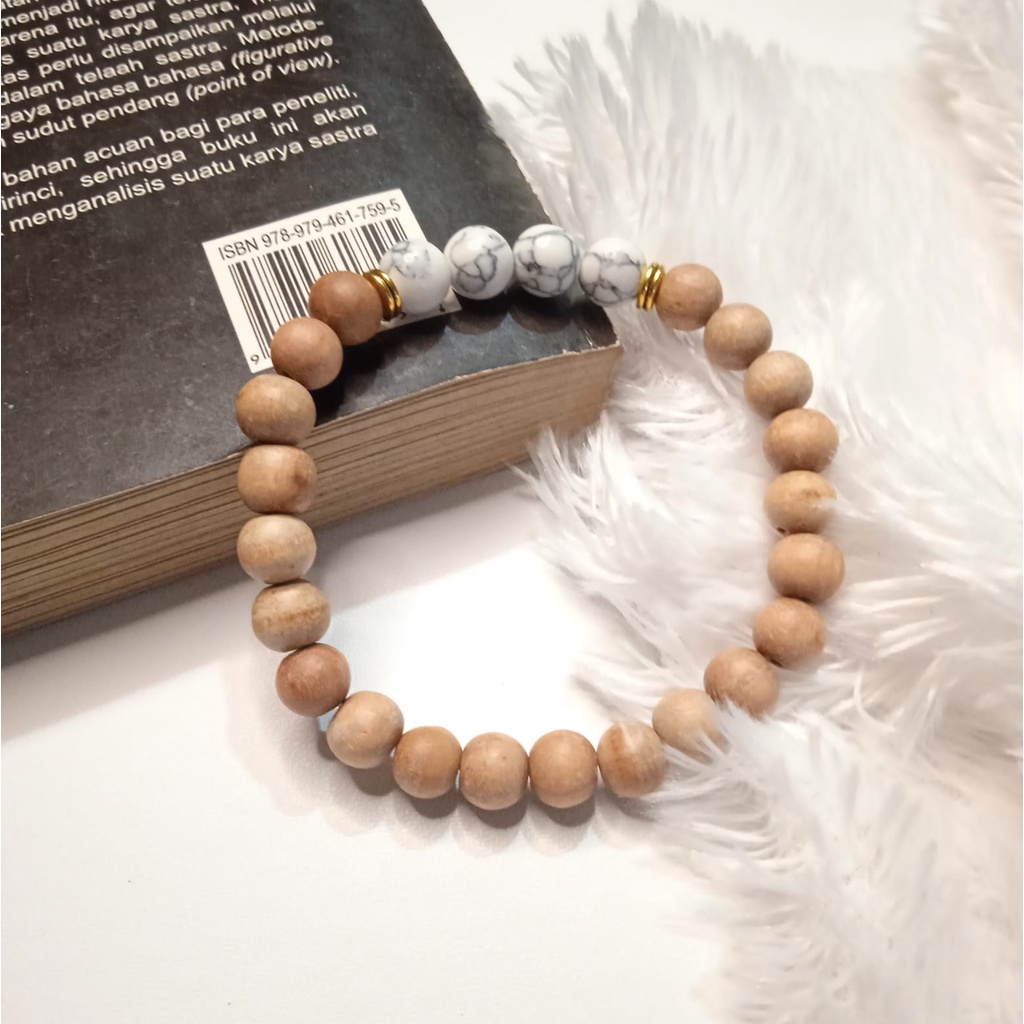 Gelang Batu Original Handmade Kayu Cendana Kombinasi Batu Alam Howlite