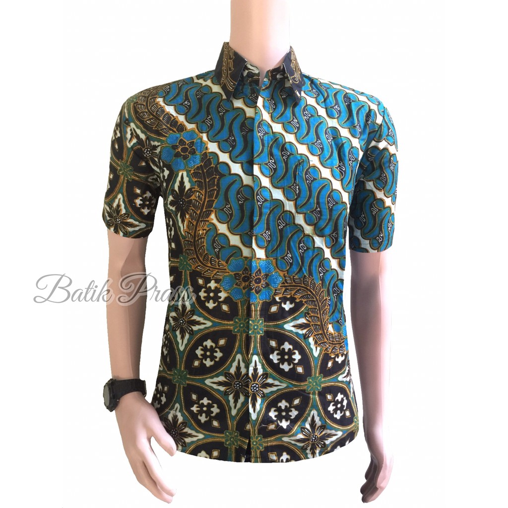 Risna Batik HRB026 kenongo Kemeja Hem pendek padi pekalongan M L XL MURAH KEREN bati pria wajik biru