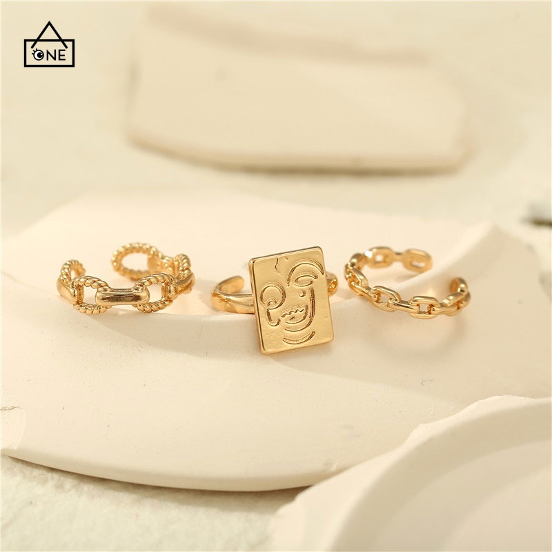 COD❤3pcs / Set Cincin Rantai Emas Model Terbuka Dapat Disesuaikan Untuk Aksesoris A one