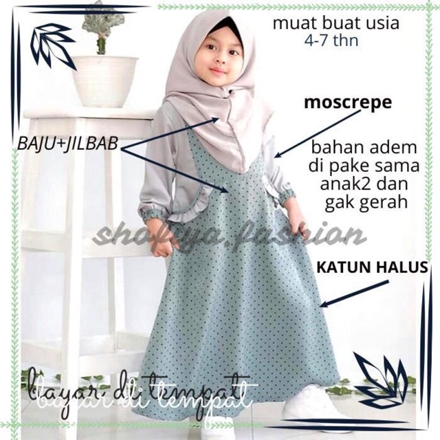 set syari gamis khimar panjang anak perempuan jilbab moscrepe polkadot new