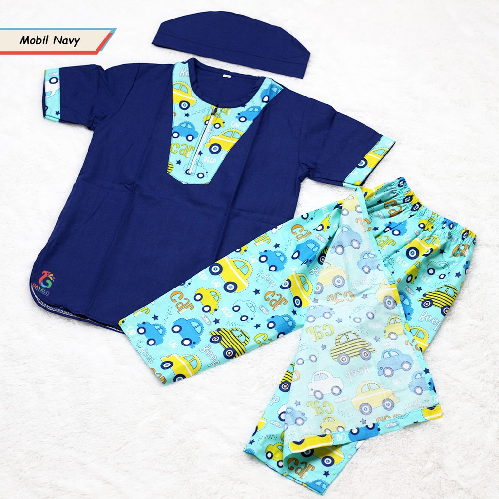 SARKOCI TURKI ANAK MOTIF MOBIL NAVY/BAJU MUSLIM ANAK/GROSIR BAJU KOKO MODERN
