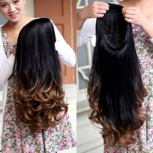 Wig rambut palsu model lurus bergelombang tanpa poni