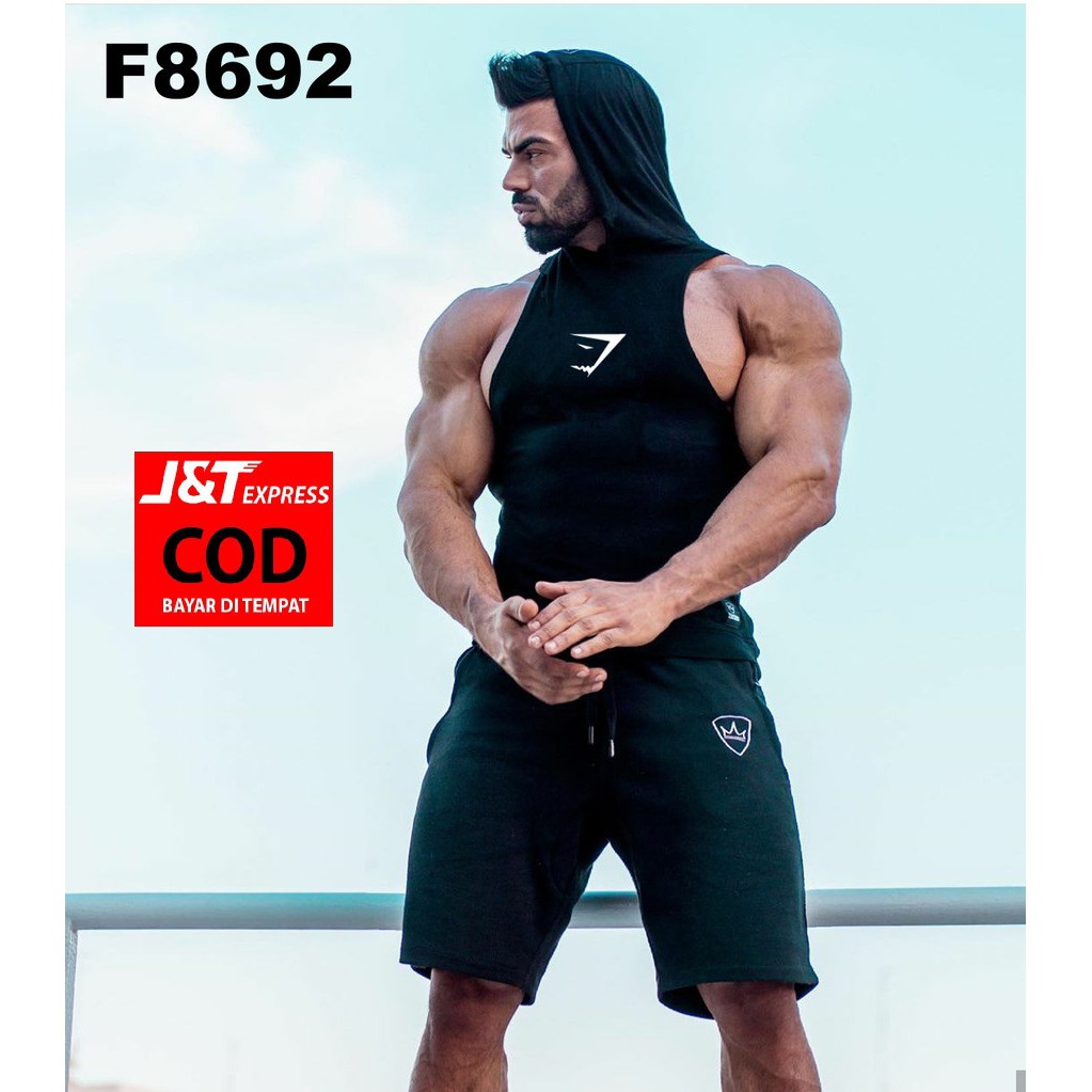 { BISA COD } SINGLET HOODIE TANK TOP MENS HIU SHARK OLAHRAGA FITNESS GYM DRIFIT MUSCLEFIT