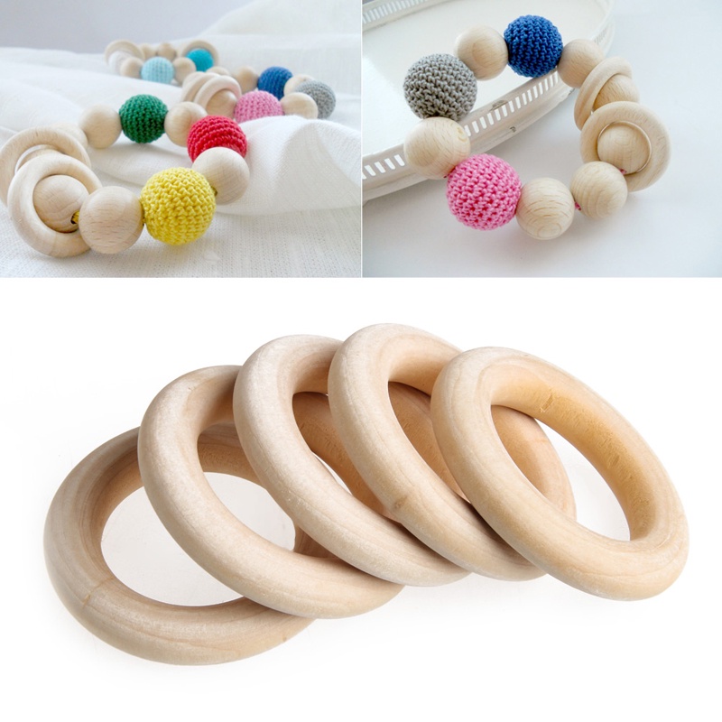 Mary 5pcs / Set Mainan Teether Bayi Bentuk Cincin / Kalung / Gelang 55mm Bahan Kayu Untuk DIY Craft