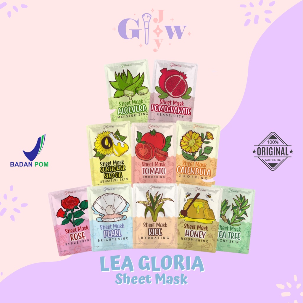 LEA GLORIA sheetmask bpom sheet mask murah masker lembaran termurah viral original asli topeng pearl tomato tomat sunflower seed oil pomegranate rice calendula rose honey tea tree aloe vera tomat bunga matahari petals petal anti aging jerawat acne prone