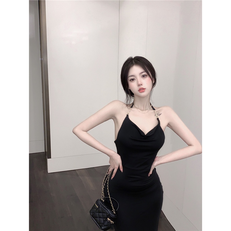 Suhao hot girl v-neck suspender dress wanita musim panas gaun hitam kecil halter leher terbuka kemba