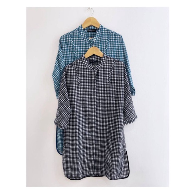 PIN O.B turquoise&amp;black gingham slit side tunic