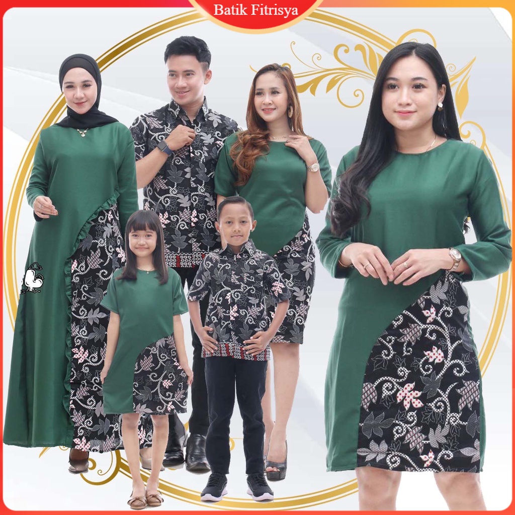 Set Batik Keluarga - Batik Keluarga Muslim Kombinasi - Ibu Bapak Anak - Motif Moscrep Hijau Botol - 