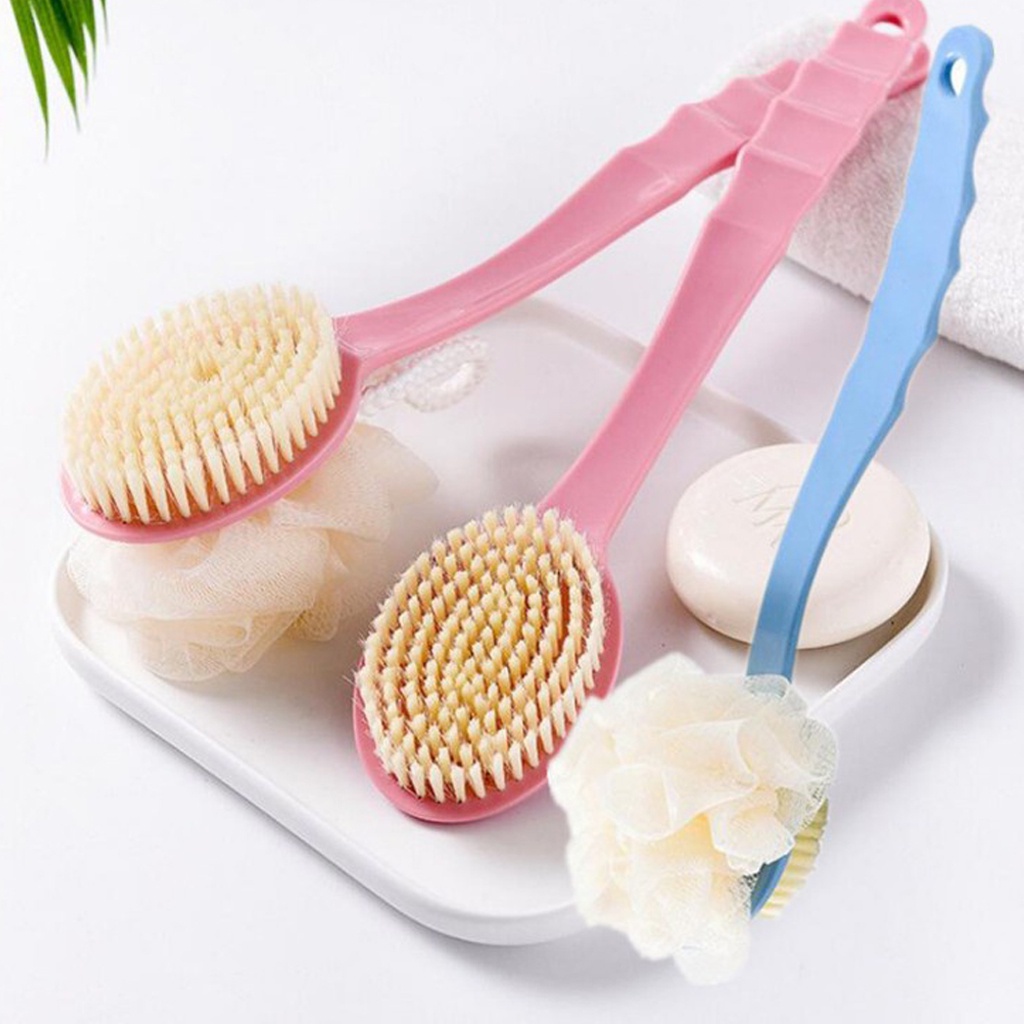 ☛TK☚ 2 in 1 Shower Puff + Sikat Gosok Punggung Gagang Panjang Spons Mandi 2 Sisi R657