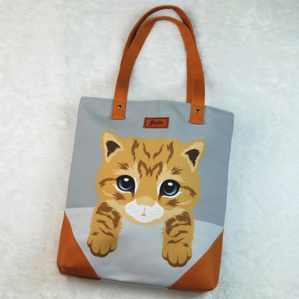 Gatto - Tas Tote Bag Resleting Wanita Motif Kucing Bahan Canvas Tebal Kulit Sintetis Untuk Catlovers