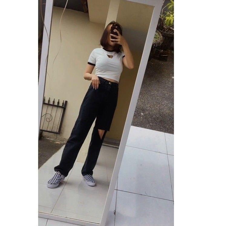 (TERBAIK!) KOREAN HIGH WAIST KOLOT JEANS SOBEK /KULOT RIPPED