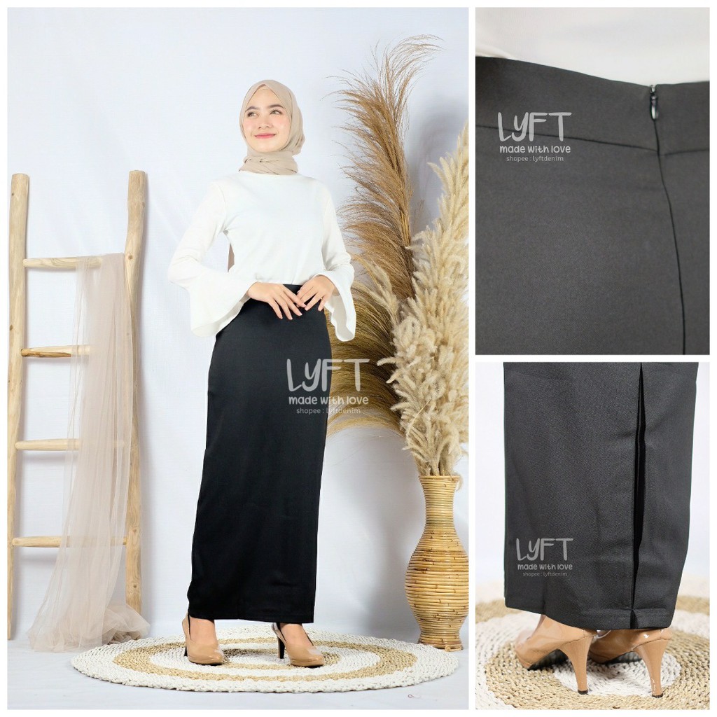  Rok  Span Hitam  Formal Panjang  Lurus Lipit Belakang Rok  