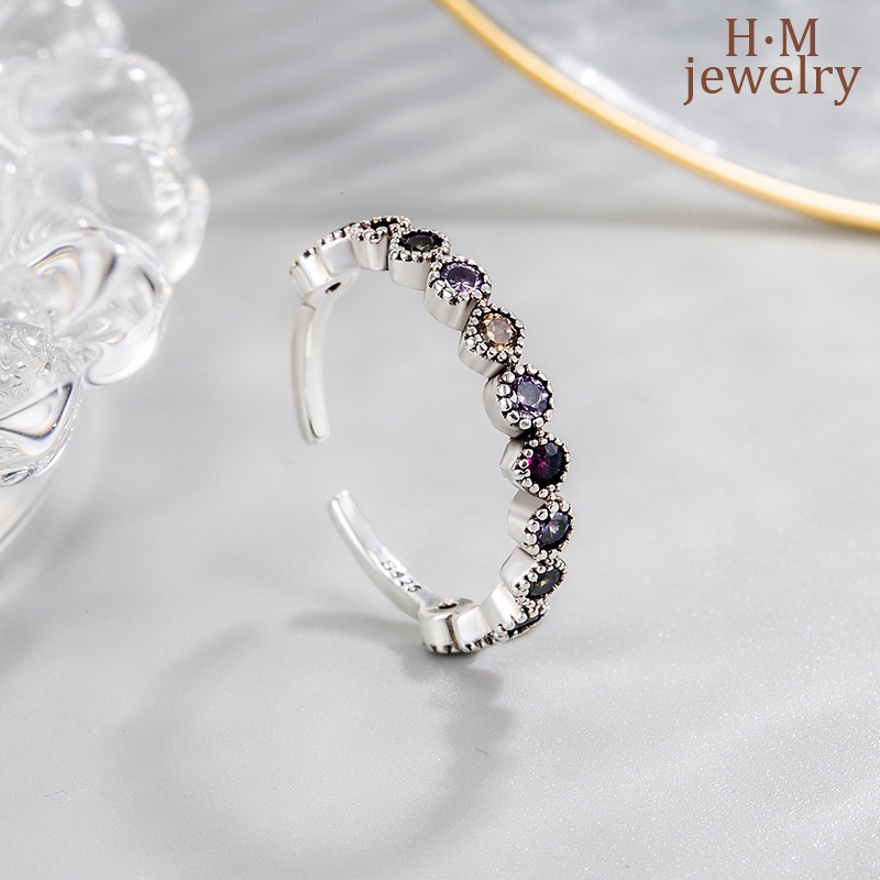 Cincin Silver S925 Model Terbuka Aksen Zircon AAA Warna Pelangi