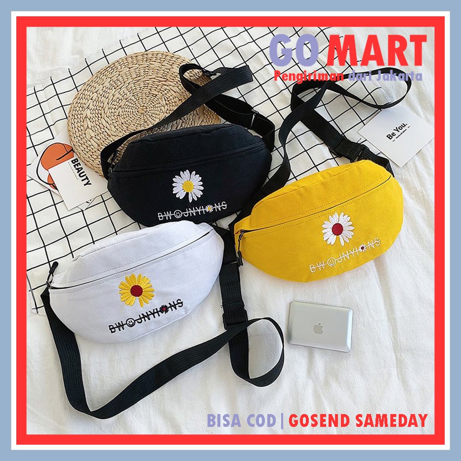 WaistBag kanvas Motif Bunga Krisan Bordir - Tas Pinggang Kanvas Import - Waistbag Korea - WB03