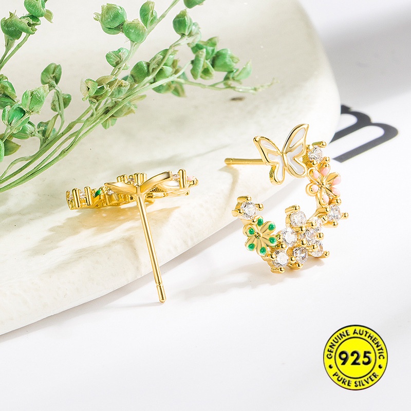 Anting Stud Bentuk Kupu-Kupu Emas 18K Bahan Sterling Silver Untuk Wanita