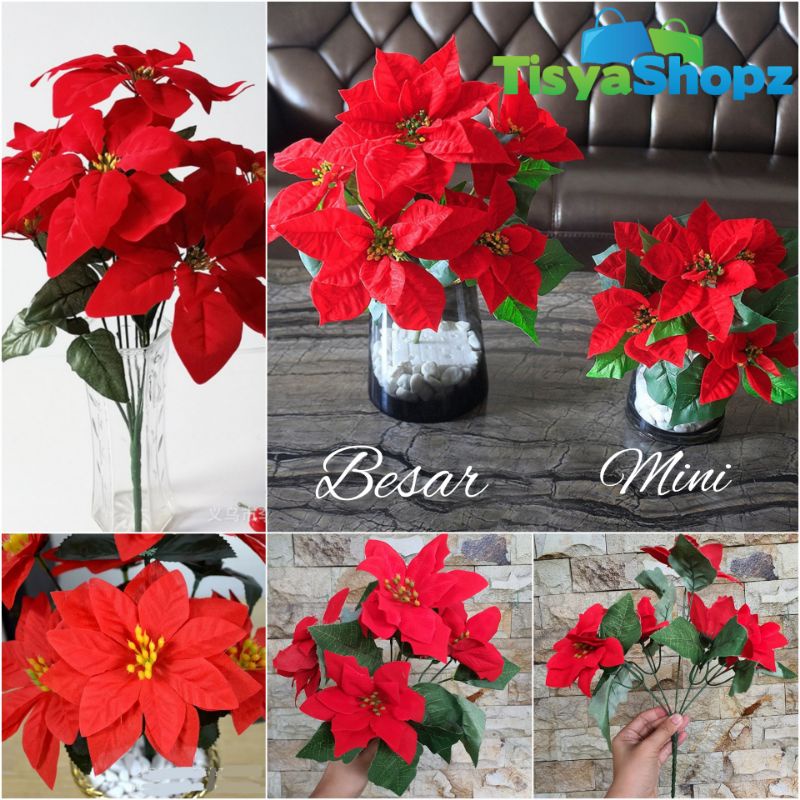 Bunga Poinsettia Mini x5 / Bunga Merah Bludru [ Tanpa Pot ]