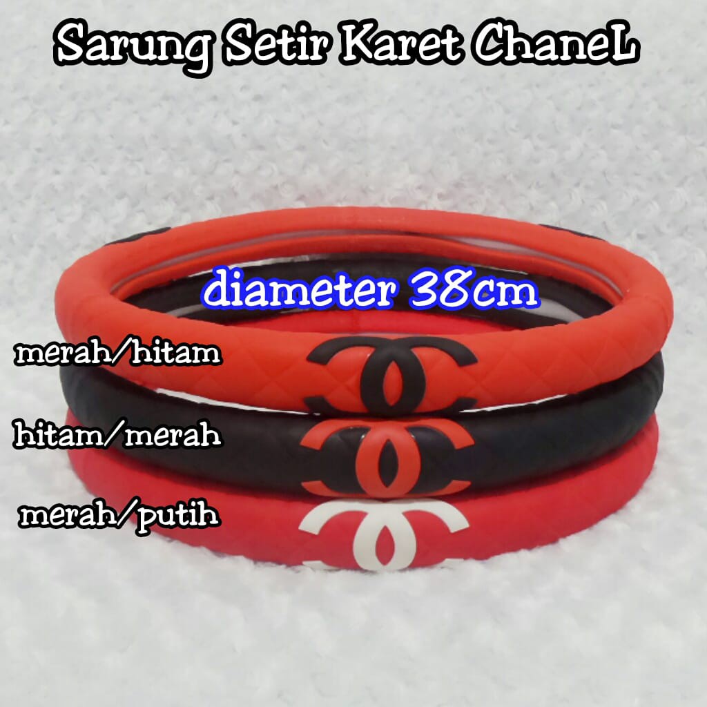 Cover sarung setir Karet Timbul Motif Chanel Merah Logo Putih