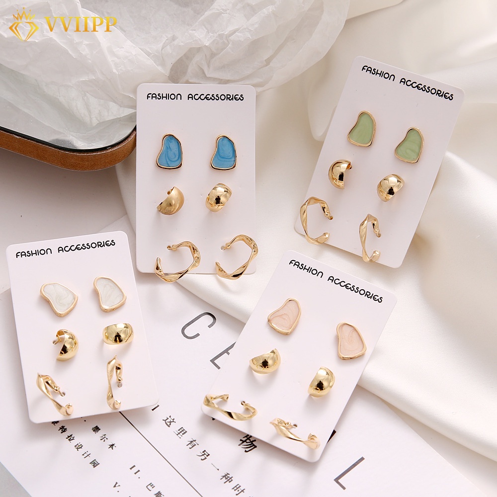 3 Pair Korean Colorful Geometric Stud Earrings Fashion Gold Hoop Earring for Women Jewelry Accessories