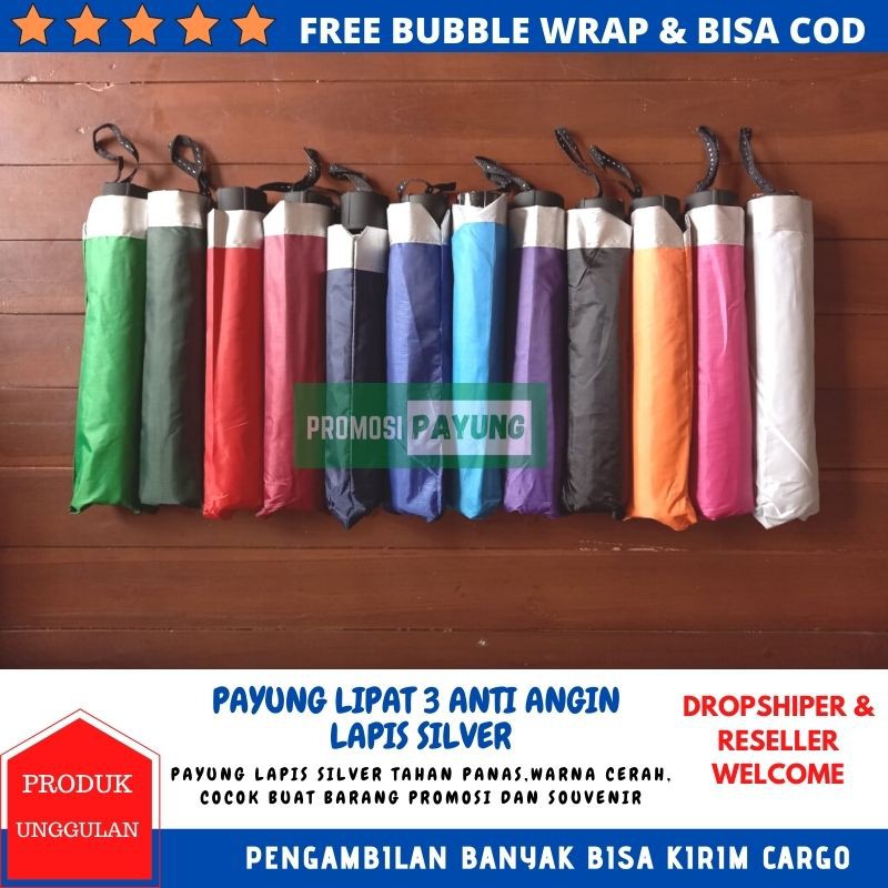 Payung lipat 3 anti angin lapis silver threefold umbrella warna warni bahan custom - BEST PRODUCT