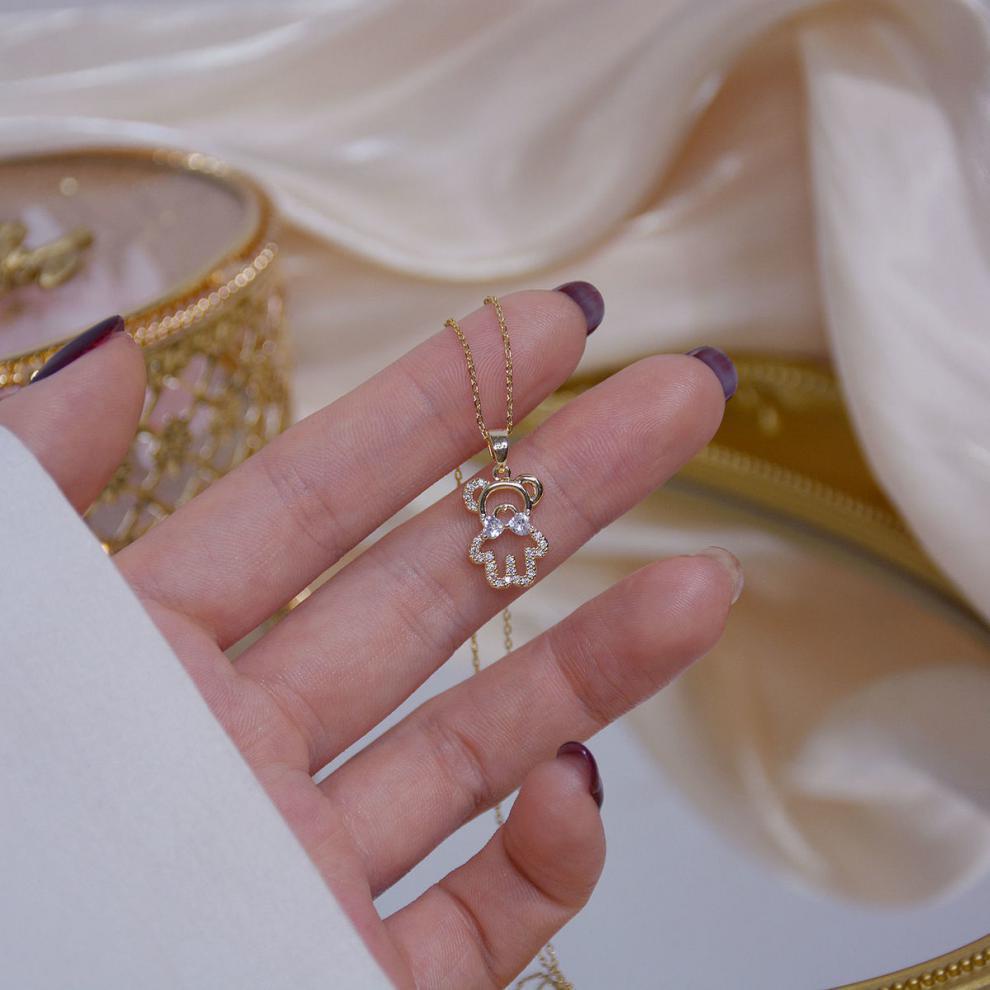 Fashion Necklace Jewelry Newest Alloy Gold Zircon Bowknot Rhinestone Bear Pendant Necklace