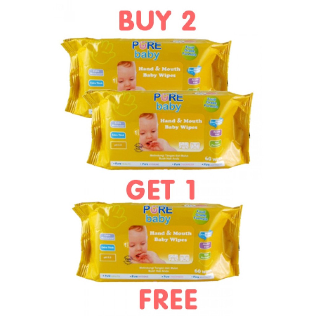 Pure Baby Hand &amp; Mouth Baby Wipes 60s Chamomile Buy 2 Get 1