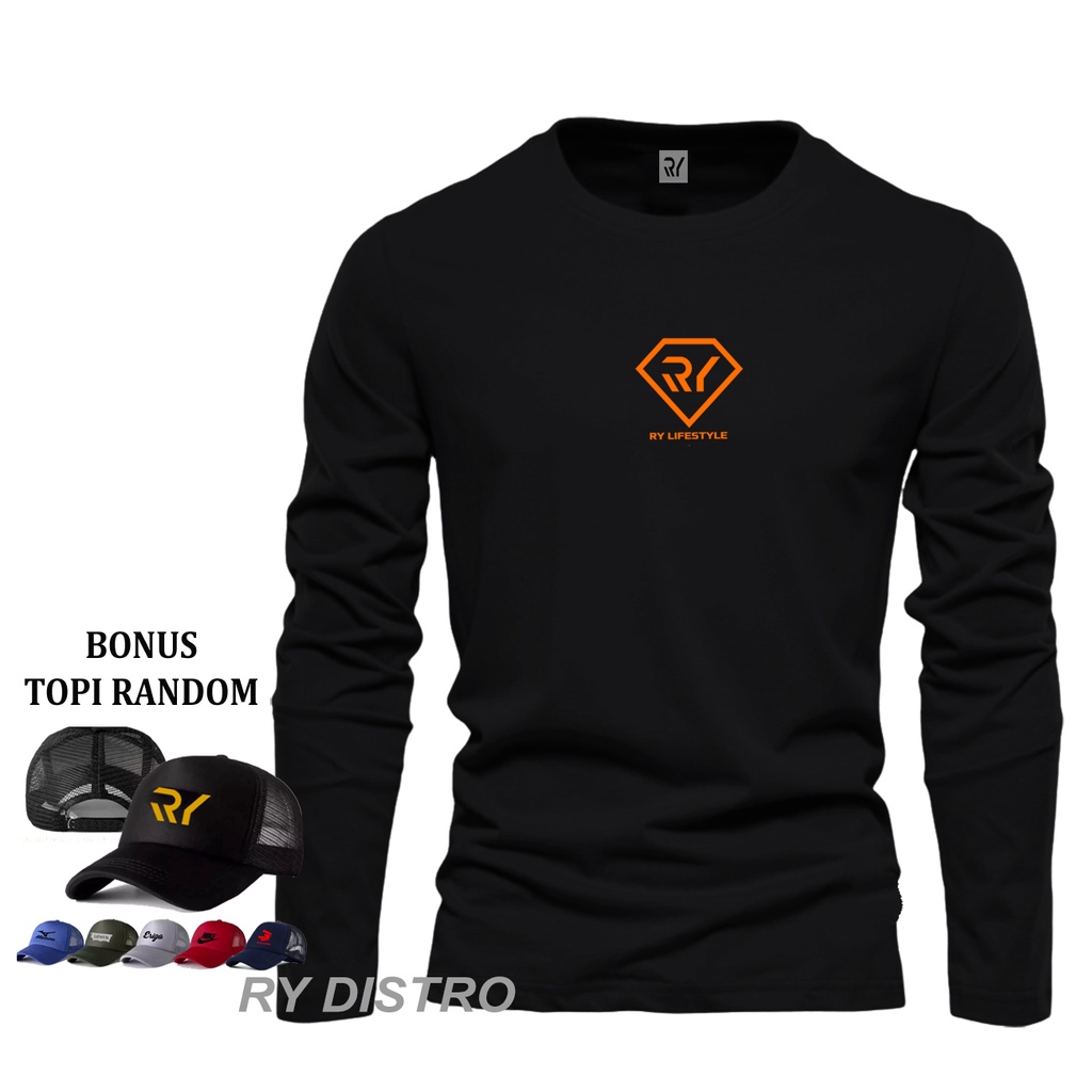 Rydistro - Bonus Topi. Kaos Pria Keren Lengan Panjang RY Lifestyle Piramid Orange + Topi / Kaos Dist