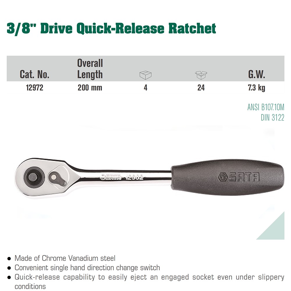 3/8 Inch DRIVE QUICK-RELEASE ROUND HEAD RATCHET 12972 SATA TOOLS