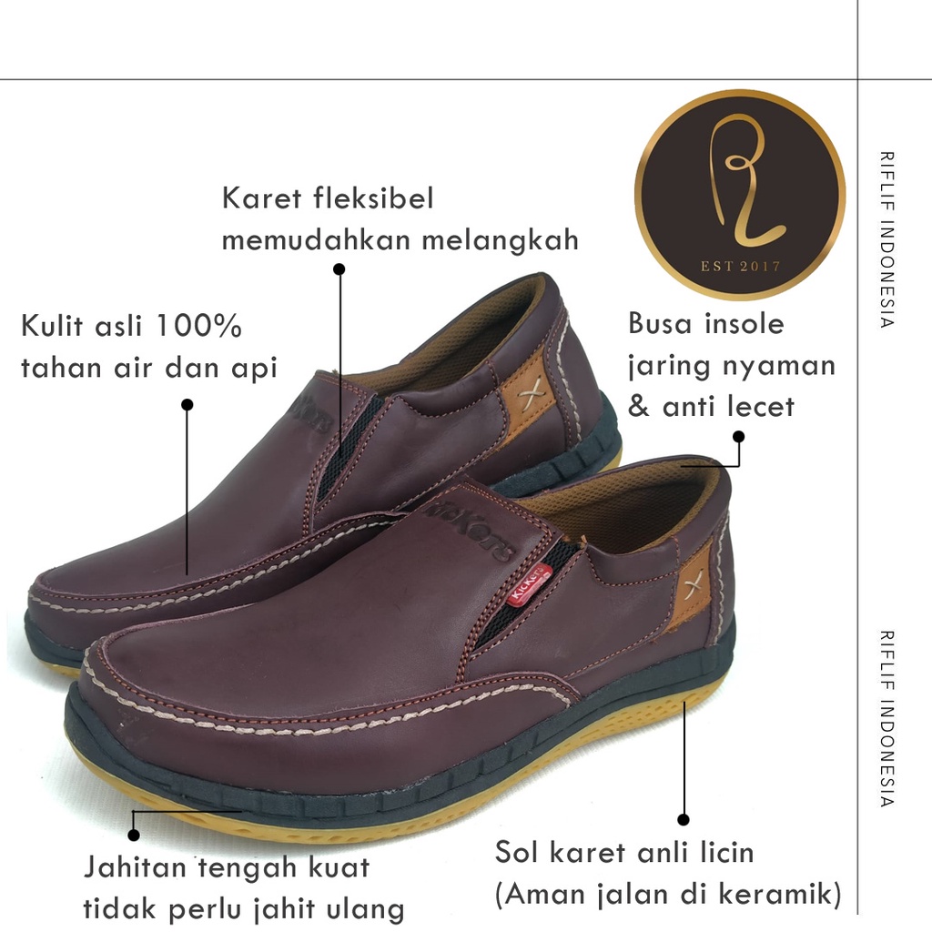 Sepatu Kickers / Sepatu Kulit Slip On Selop Pria Bahan Kulit Asli 100% Sol Karet / Sepatu Casual Cowok Laki-laki untuk Jalan-jalan Santai Traveling dan Sepatu Lapangan Murah Keren Elegan dan Gaya