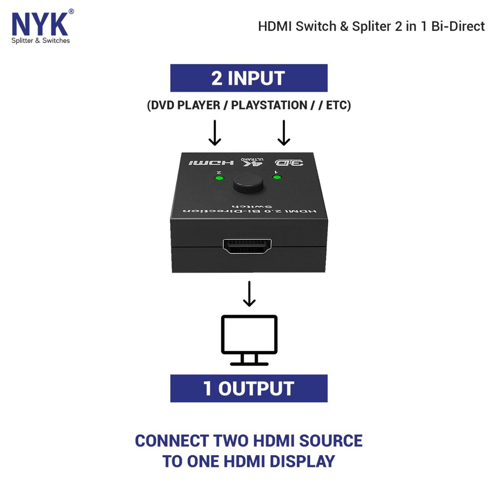 NYK HDMI Switch &amp; Splitter 2 in 1 Bi-Direct 2 Port 4K,2K