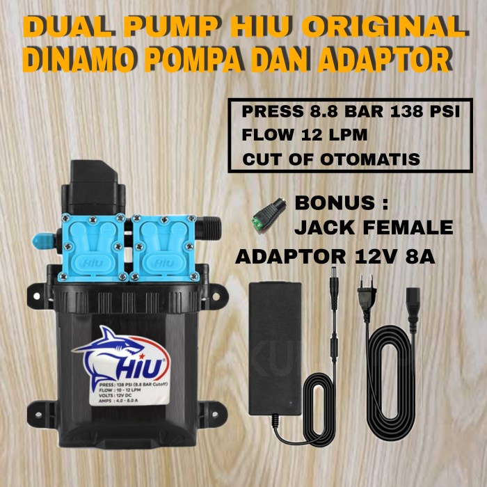 Dinamo Pompa Dobel Hiu 138 Psi 12 Lpm Dan Adaptor 12v 8A Cut Of