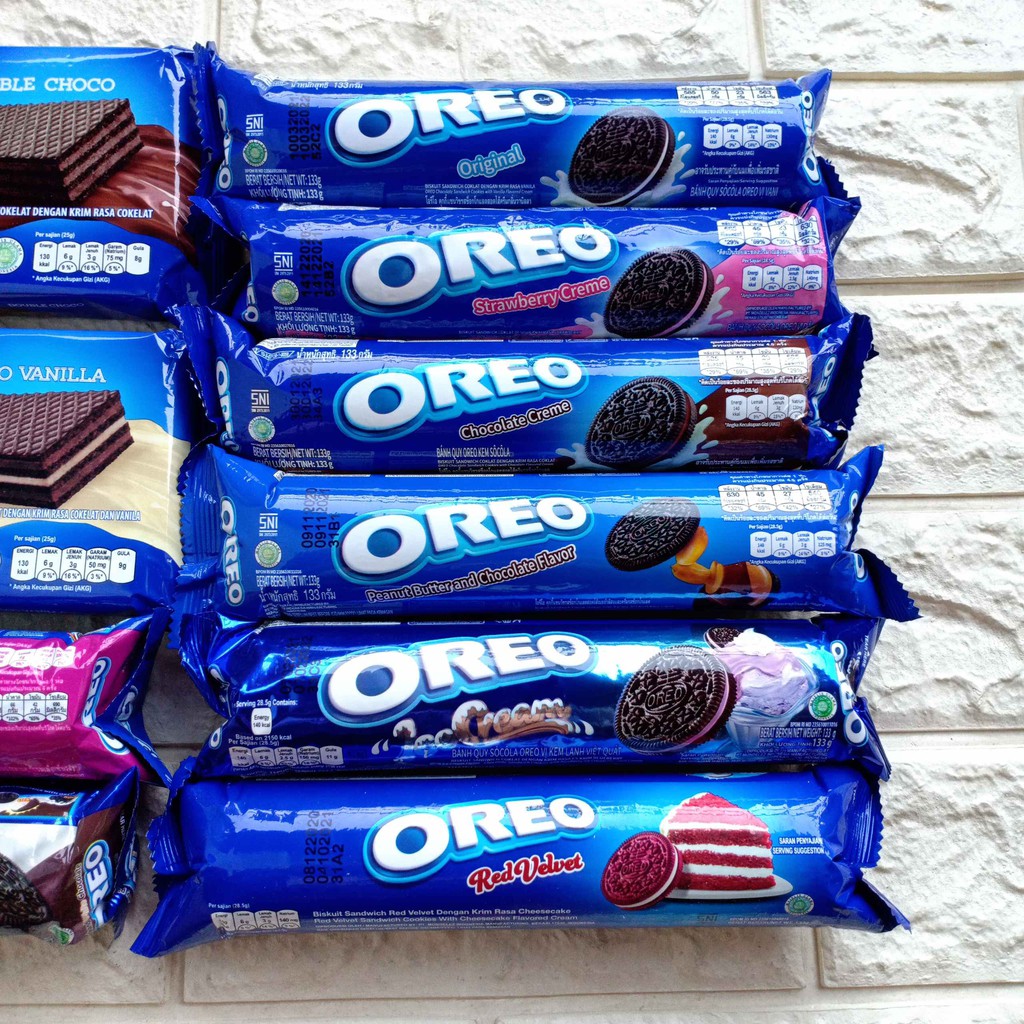 Oreo Blackpink Biskuit Roll Wafer Original Strawberry Coklat Peanut Kacang Ice Cream Blueberry Fizzy Orange Red Velvet Double Stuf Birthday Sprinkles Dutch Cocoa Double Choco Vanilla Sandwich Kukis Cookies Anak