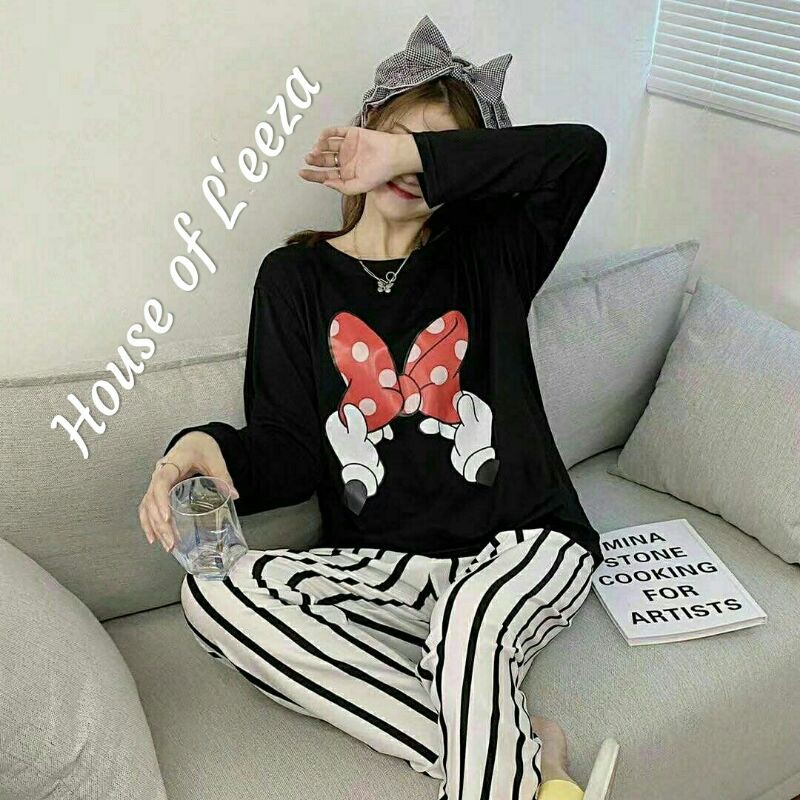 Piyama PP MICKEY Mouse print/Piyama Oversize Bahan Kaos Lengan Panjang Baju Tidur Wanita