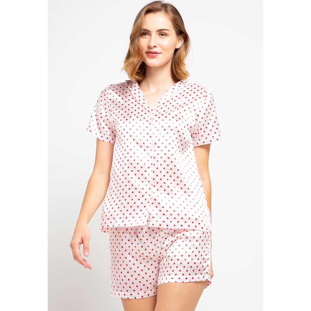 B2008 21003  Baju Tidur Wanita Anne Wintours Lengan Celana Pendek Totol Merah