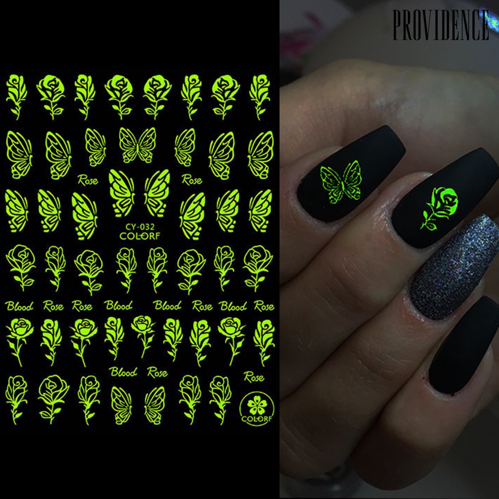 Stiker Kuku Efek Fluorescent Glow In The Dark Desain Kupu-Kupu Bintang Slider Untuk Manicure