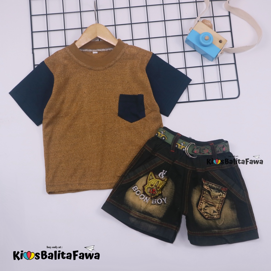 Setelan John Ethes uk 1-2 Tahun / Baju Anak Laki-Laki Lengan Pendek Celana Jeans Set Oblong Kantong