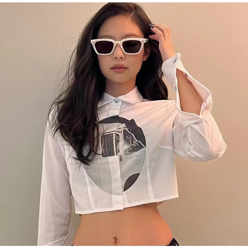 【AMY J】Jennie style Long-Sleeved Shirt Casual Cotton Crop midriff Top 7360