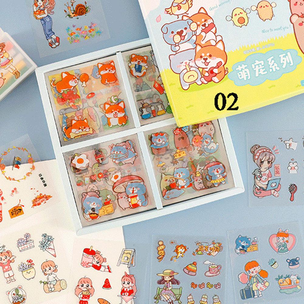 Lanfy Stiker PET Lucu Set Gift Box Perekat Packing Dekorasi Tahan Air Minuman Makanan Hewan Perempuan Pola Diary Foto Album Kertas Decals