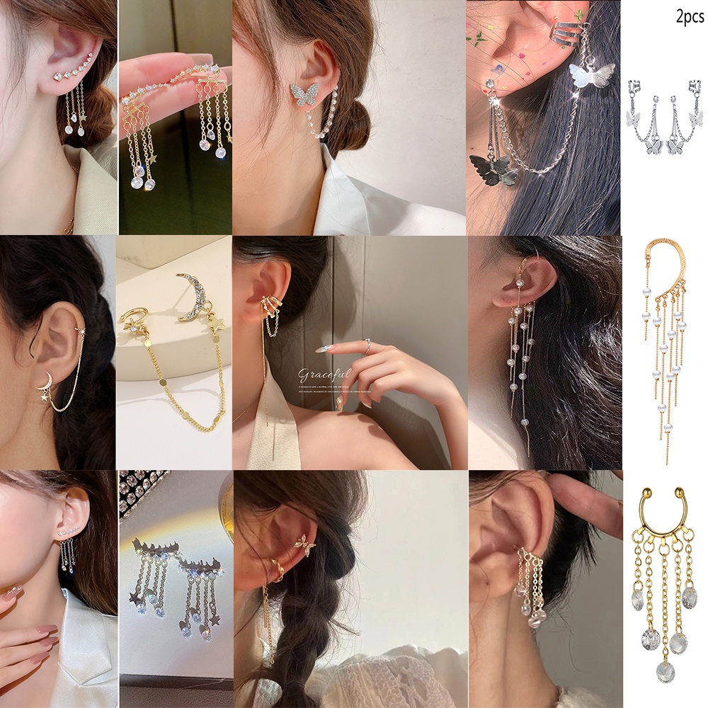 YEEZII Anting Kait Gantung Desain Kupu-Kupu / Bintang / Bulan Hias Kristal / Mutiara Warna Gold / Silver Untuk Wanita