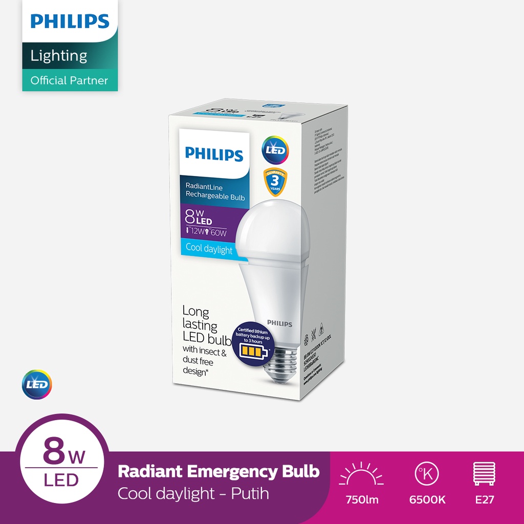 PHILIPS Rechargeable LED Bulb RadiantLine 8W Battery Back Up - Lampu Emergency