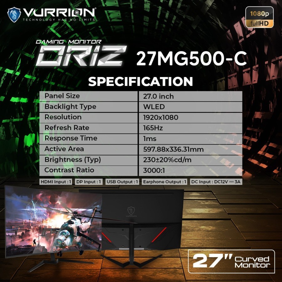 Monitor LED Gaming ORIZ 27 inch (27MG500-C) Curved Vurrion  Full HD FHD 1MS 1 Year Warranty