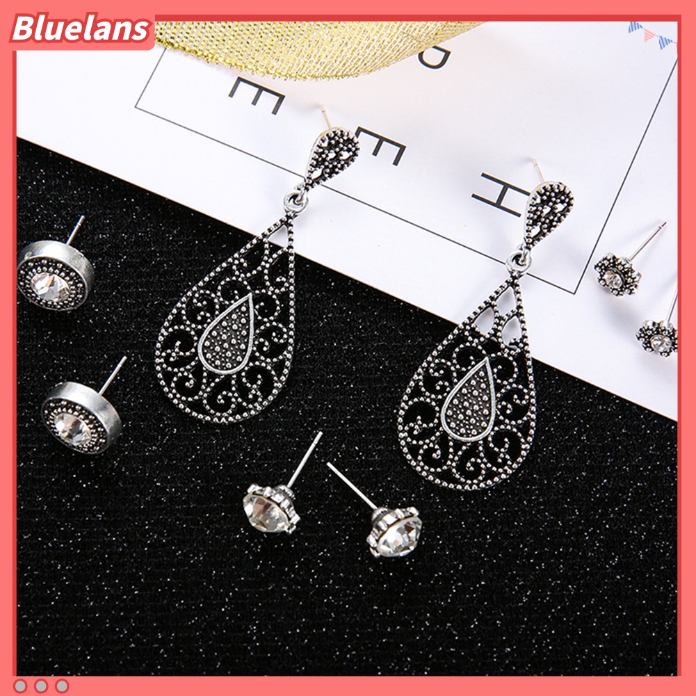 Set Perhiasan Anting Stud Liontin Bentuk Tetesan Air Rongga Warna Silver Gaya Boho Antik Retro