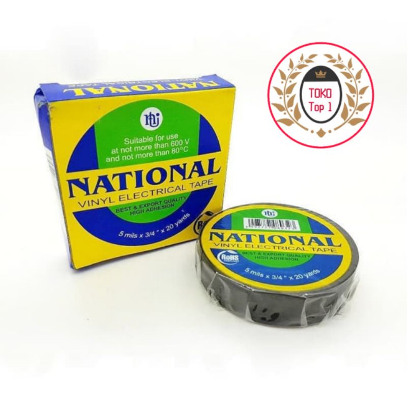 18*20Y Isolasi Listrik pvc hitam Tahan panas NATIONAL / Isolasi Instalasi Listrik Hitam 20 Yard GARANSI