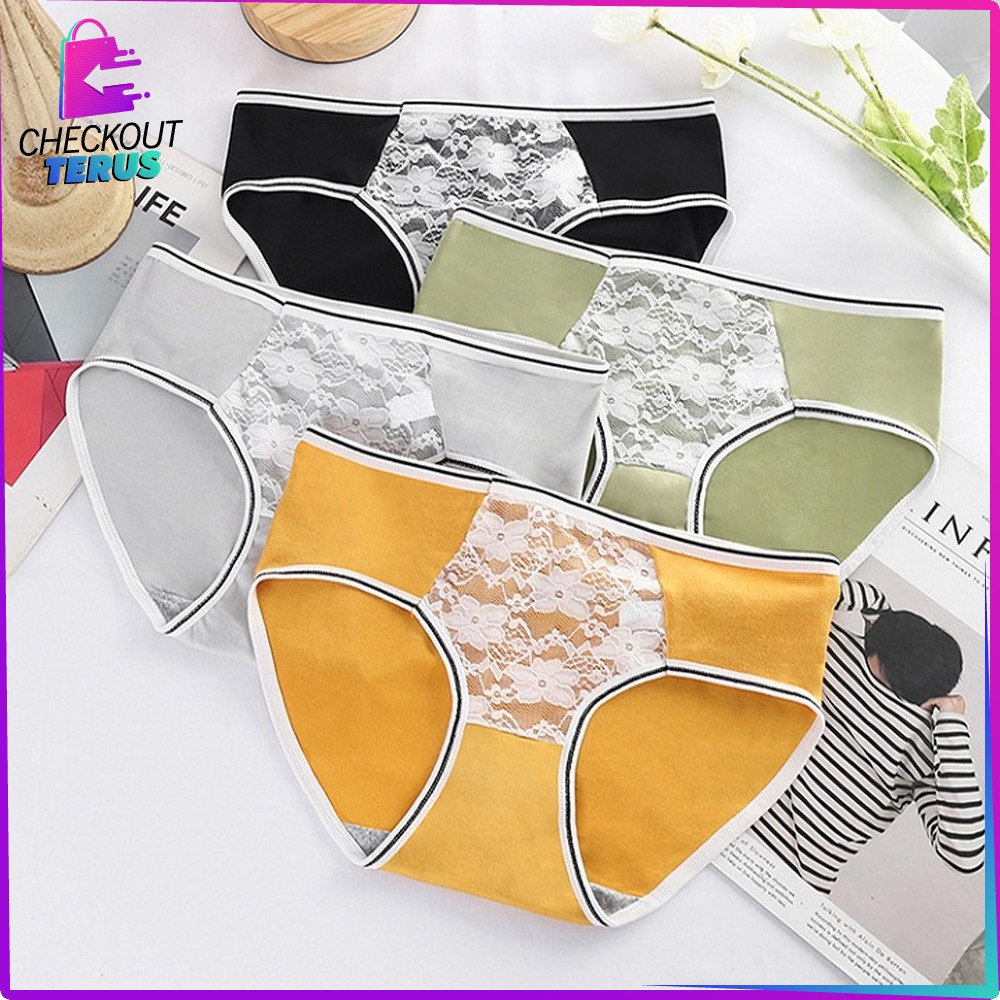CT P129 Celana Dalam Wanita Dewasa List Garis Renda Bunga Kolor Undies Wanita Import Motif Polos