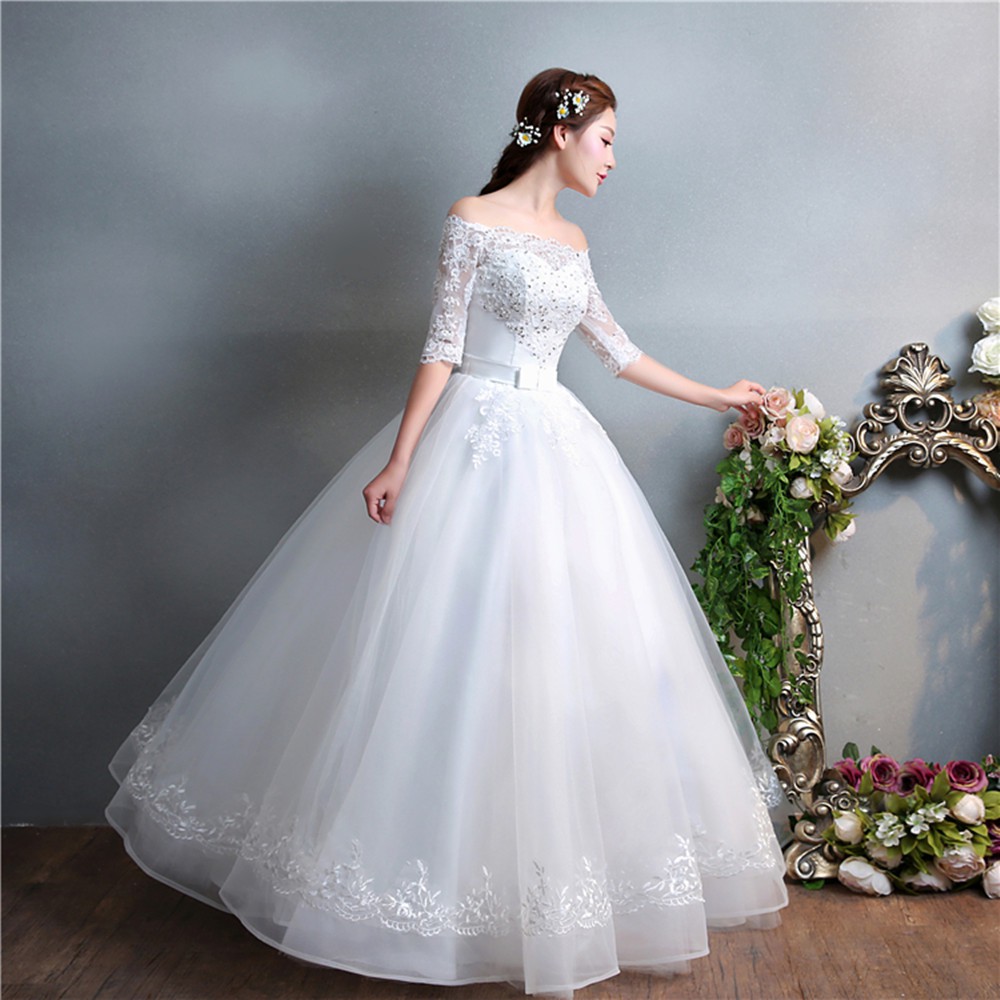 White Off Shoulder Lace Beaded Maxi Women Bridal Wedding Dress Ball Gown